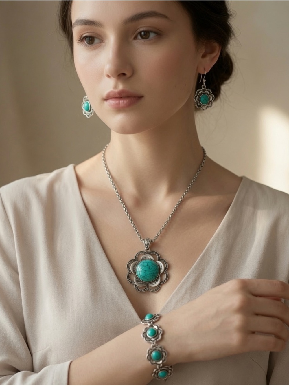 Turquoise Flower Pendant Necklace & Earring Set by